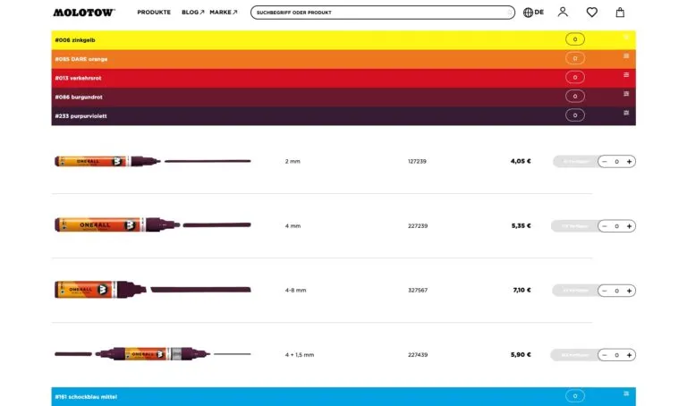 Screenshot des MOLOTOW Online-Shops